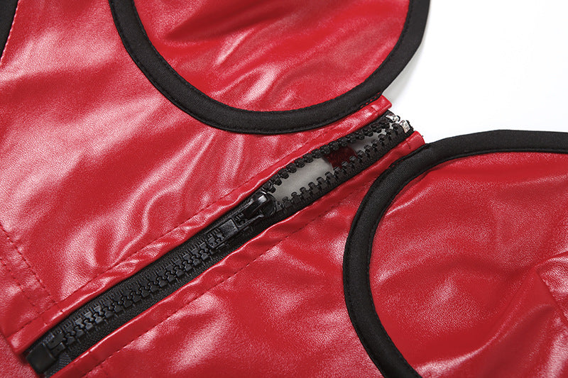 Red Hot Faux Leather Halter Crop Top - Zip-Up Edgy Party & Clubwear for Fall