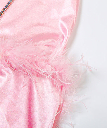 Glamorous Pink Feather Trim Halter Maxi Dress - Your Go-To for Holiday Parties & Elegant Evenings