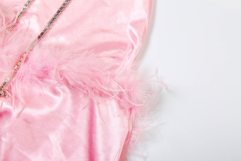 Glamorous Pink Feather Trim Halter Maxi Dress - Your Go-To for Holiday Parties & Elegant Evenings