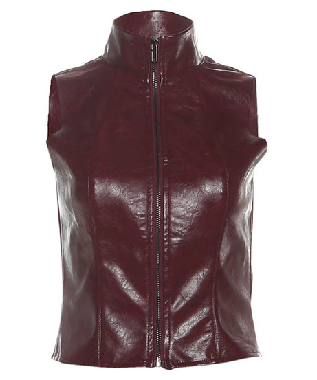 Sleek Burgundy Faux Leather Zip-Up Vest - Edgy Fall Fashion Essential for Women