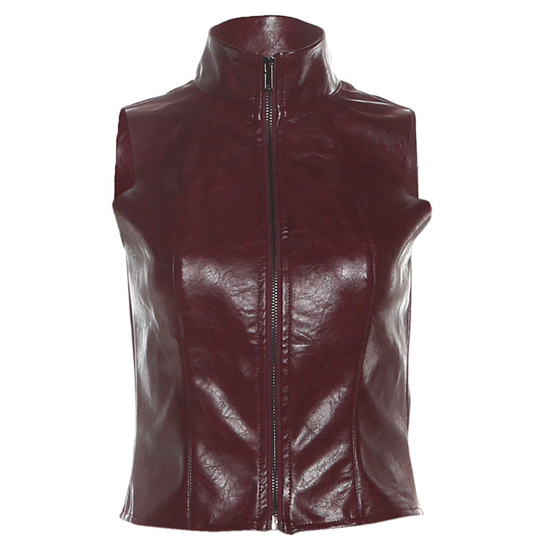Sleek Burgundy Faux Leather Zip-Up Vest - Edgy Fall Fashion Essential for Women