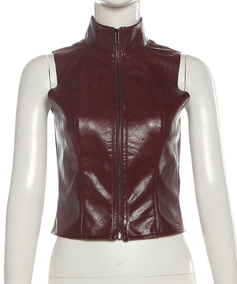 Sleek Burgundy Faux Leather Zip-Up Vest - Edgy Fall Fashion Essential for Women