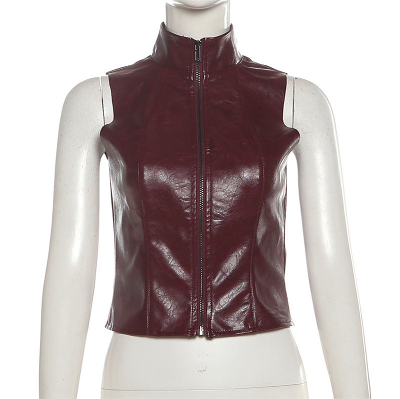 Sleek Burgundy Faux Leather Zip-Up Vest - Edgy Fall Fashion Essential for Women