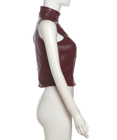 Sleek Burgundy Faux Leather Zip-Up Vest - Edgy Fall Fashion Essential for Women