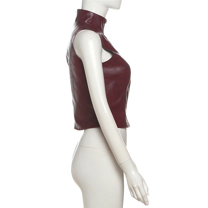 Sleek Burgundy Faux Leather Zip-Up Vest - Edgy Fall Fashion Essential for Women