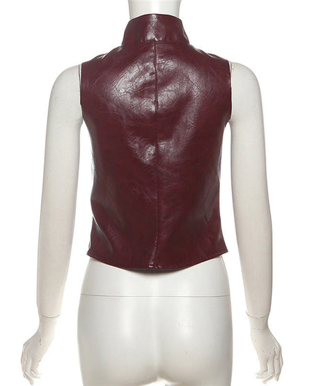 Sleek Burgundy Faux Leather Zip-Up Vest - Edgy Fall Fashion Essential for Women