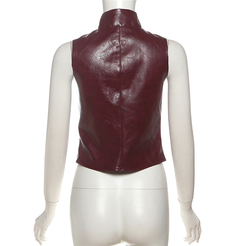 Sleek Burgundy Faux Leather Zip-Up Vest - Edgy Fall Fashion Essential for Women