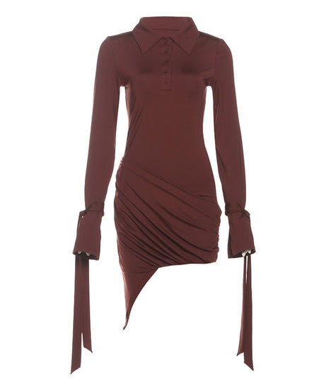 Elevate Your Autumn Style: Chic Merlot Ruched Mini Dress with Polo Collar & Statement Tie Cuffs