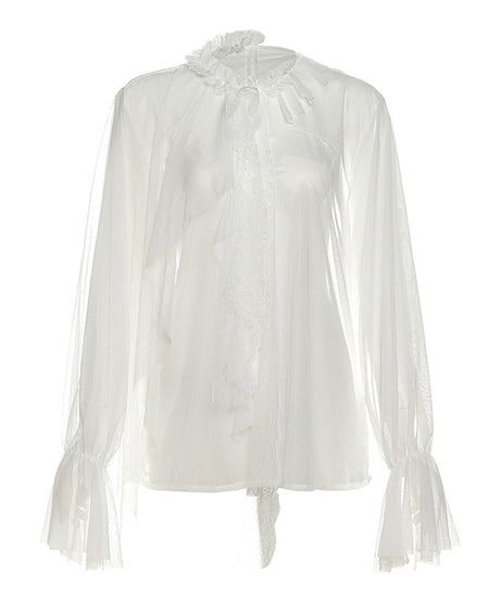 Enchanting Sheer Ruffle Blouse | Romantic Bell Sleeve Top for Fall & Holidays