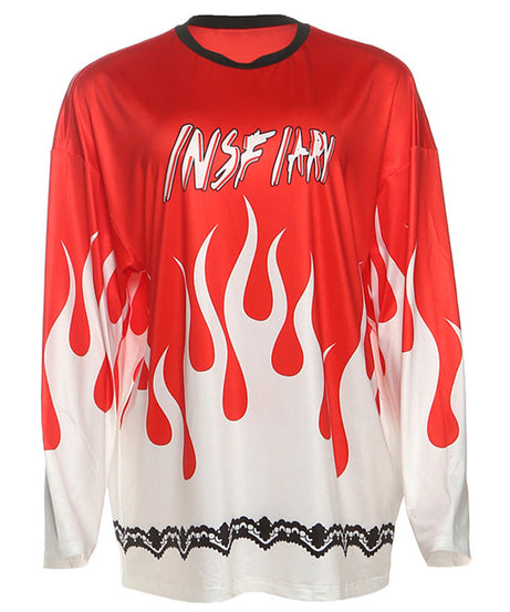 Women's Fiery Flame Print Oversized Long Sleeve Tee - Edgy Fall Streetwear