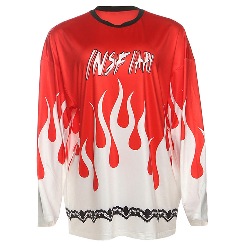Women's Fiery Flame Print Oversized Long Sleeve Tee - Edgy Fall Streetwear