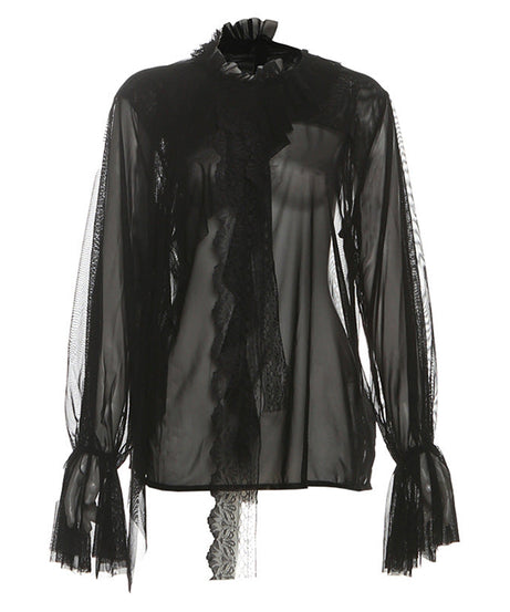 Enchanting Sheer Ruffle Blouse | Romantic Bell Sleeve Top for Fall & Holidays