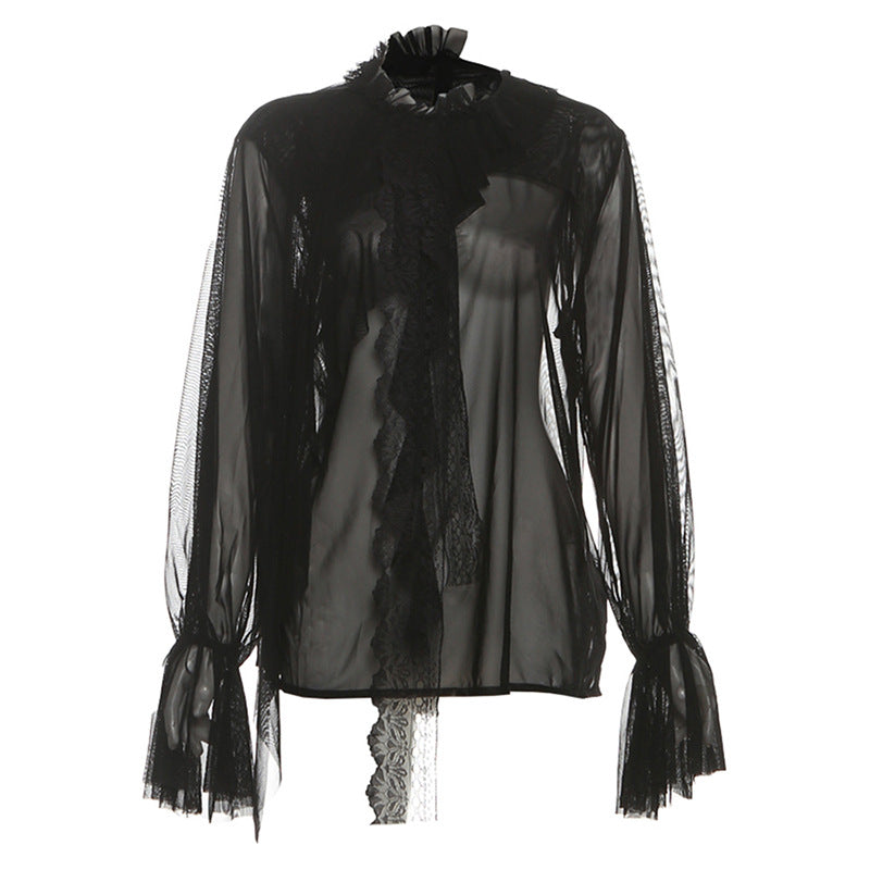 Enchanting Sheer Ruffle Blouse | Romantic Bell Sleeve Top for Fall & Holidays