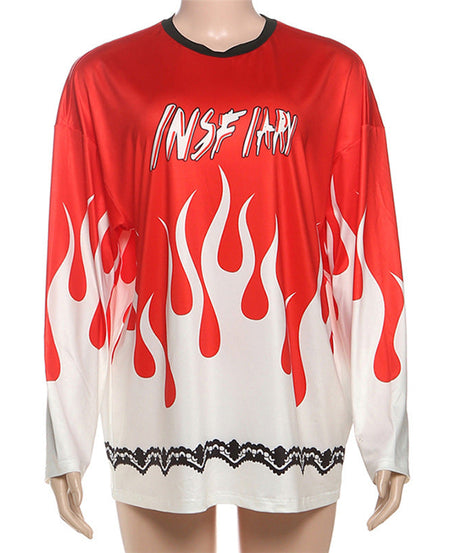 Women's Fiery Flame Print Oversized Long Sleeve Tee - Edgy Fall Streetwear