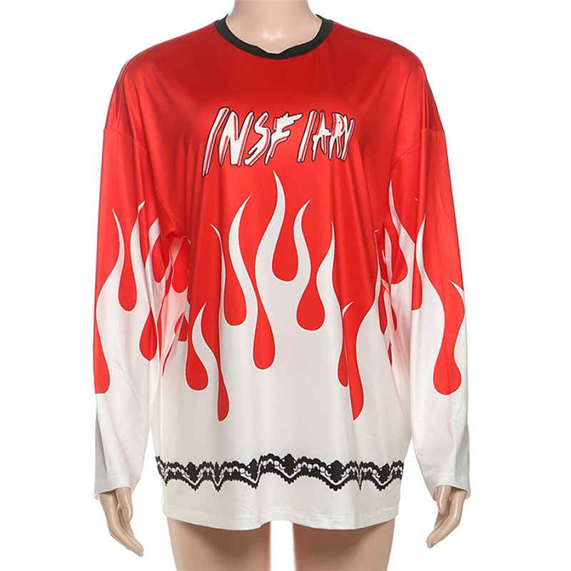 Women's Fiery Flame Print Oversized Long Sleeve Tee - Edgy Fall Streetwear
