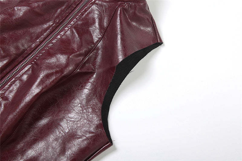 Sleek Burgundy Faux Leather Zip-Up Vest - Edgy Fall Fashion Essential for Women
