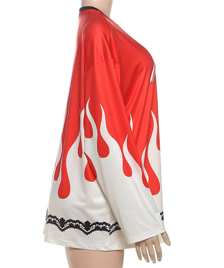 Women's Fiery Flame Print Oversized Long Sleeve Tee - Edgy Fall Streetwear