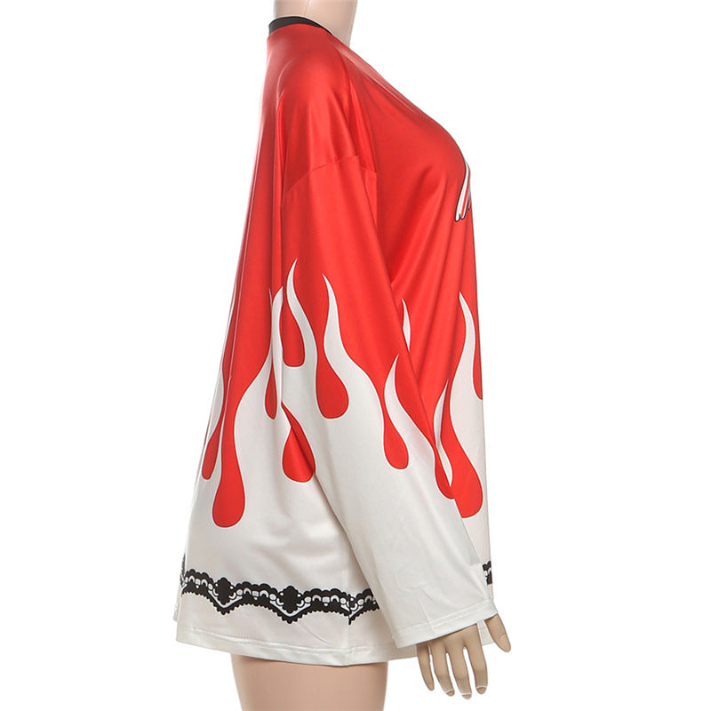 Women's Fiery Flame Print Oversized Long Sleeve Tee - Edgy Fall Streetwear