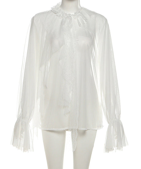 Enchanting Sheer Ruffle Blouse | Romantic Bell Sleeve Top for Fall & Holidays