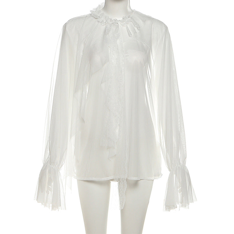 Enchanting Sheer Ruffle Blouse | Romantic Bell Sleeve Top for Fall & Holidays