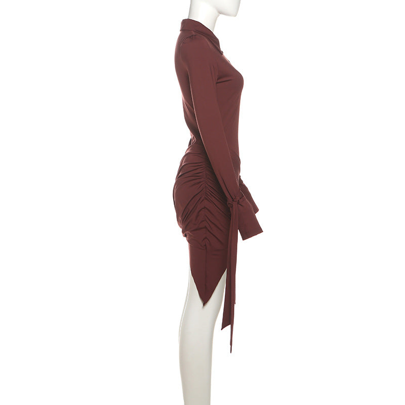Elevate Your Autumn Style: Chic Merlot Ruched Mini Dress with Polo Collar & Statement Tie Cuffs