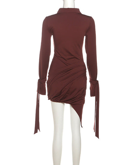 Elevate Your Autumn Style: Chic Merlot Ruched Mini Dress with Polo Collar & Statement Tie Cuffs