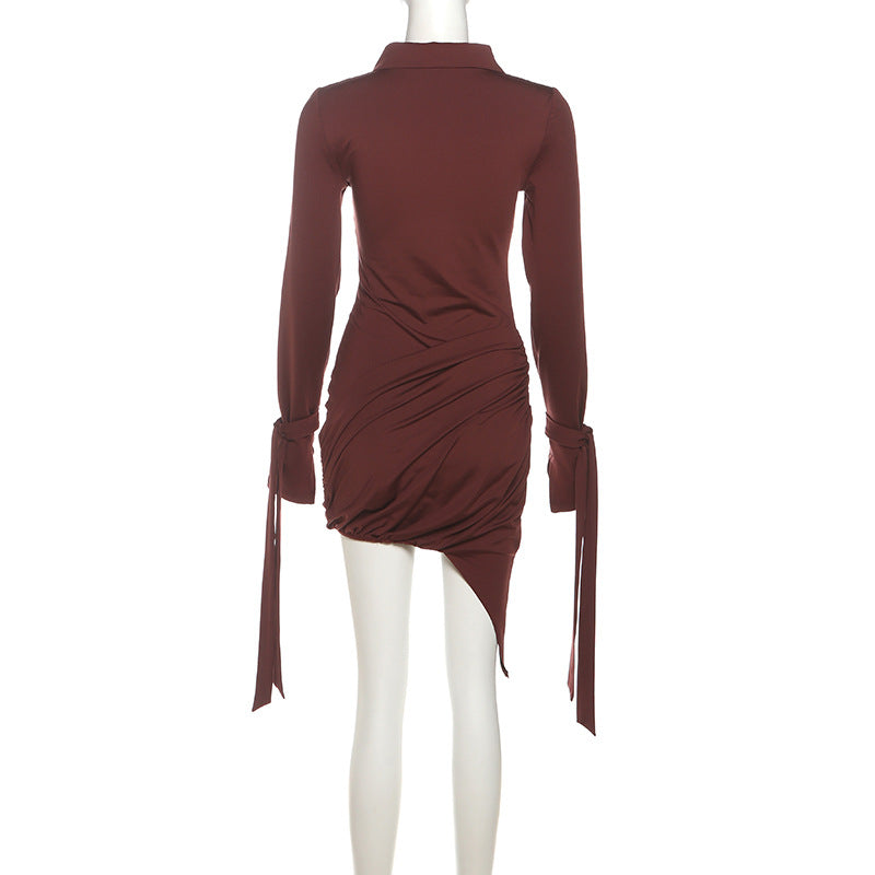 Elevate Your Autumn Style: Chic Merlot Ruched Mini Dress with Polo Collar & Statement Tie Cuffs