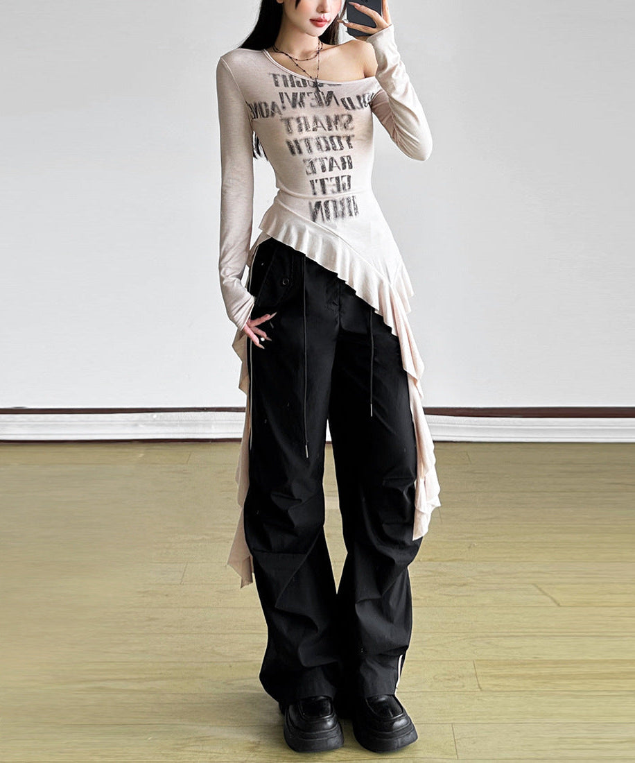 Rebel Ruffle: Asymmetrical One-Shoulder Graphic Top | Fall Street Style Essential