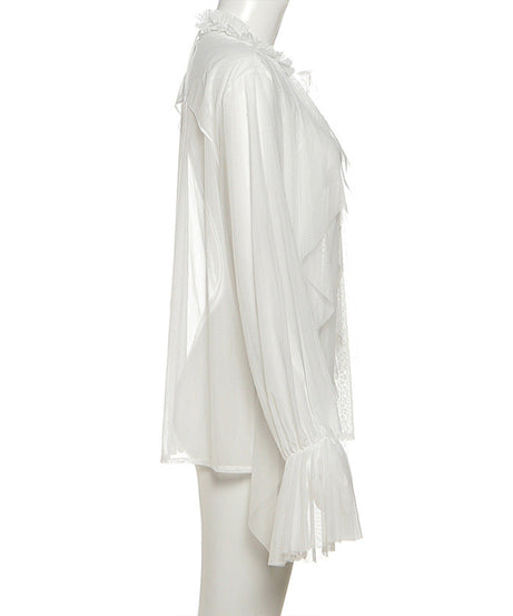Enchanting Sheer Ruffle Blouse | Romantic Bell Sleeve Top for Fall & Holidays