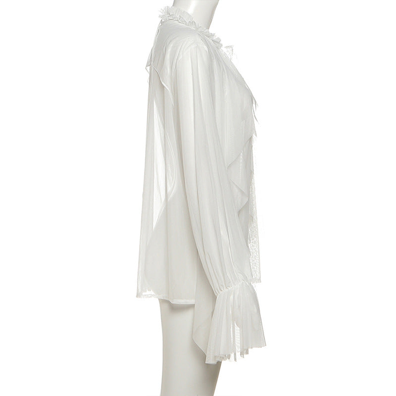 Enchanting Sheer Ruffle Blouse | Romantic Bell Sleeve Top for Fall & Holidays