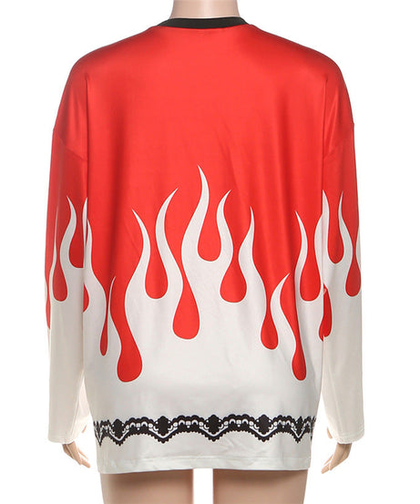 Women's Fiery Flame Print Oversized Long Sleeve Tee - Edgy Fall Streetwear