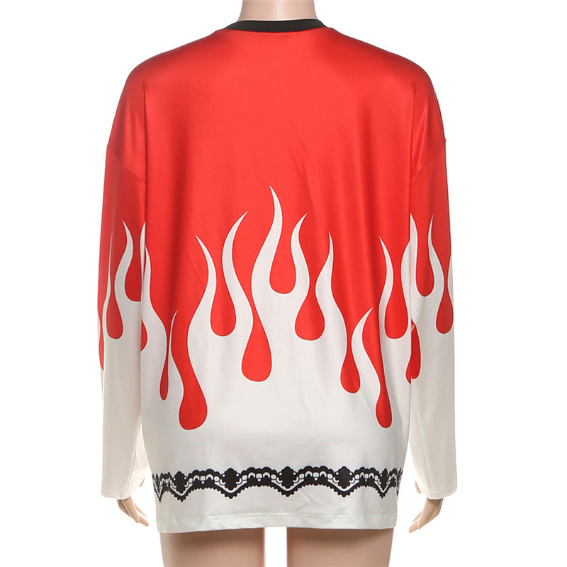 Women's Fiery Flame Print Oversized Long Sleeve Tee - Edgy Fall Streetwear
