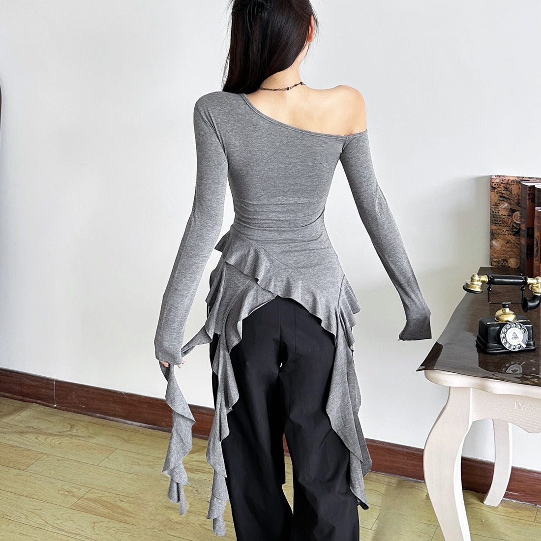 Rebel Ruffle: Asymmetrical One-Shoulder Graphic Top | Fall Street Style Essential