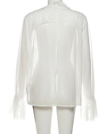 Enchanting Sheer Ruffle Blouse | Romantic Bell Sleeve Top for Fall & Holidays