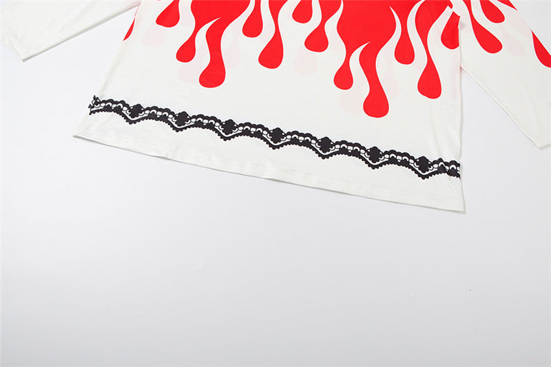 Women's Fiery Flame Print Oversized Long Sleeve Tee - Edgy Fall Streetwear