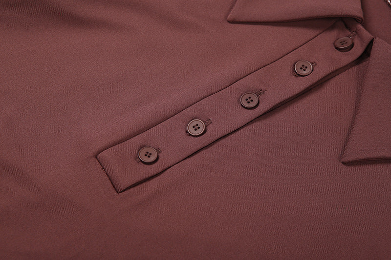 Elevate Your Autumn Style: Chic Merlot Ruched Mini Dress with Polo Collar & Statement Tie Cuffs