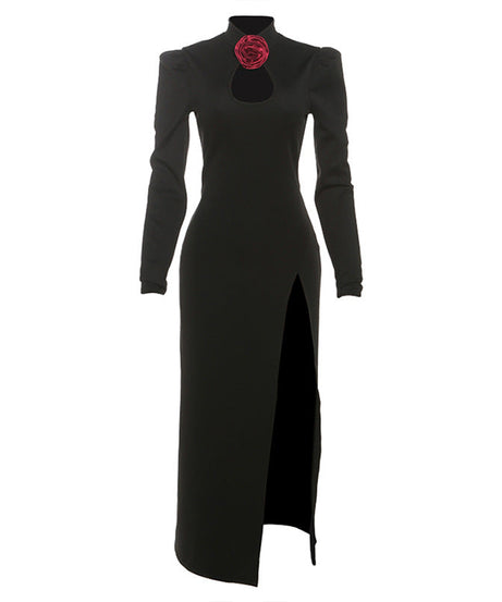 Black Rose High-Slit Maxi Dress with Keyhole Neckline – Fall & Holiday Gala Ready