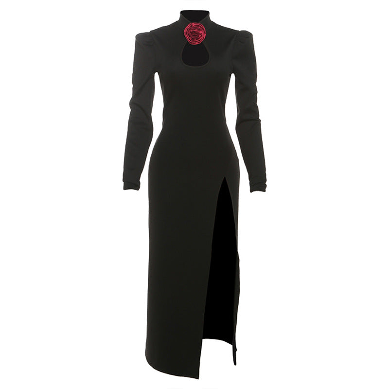 Black Rose High-Slit Maxi Dress with Keyhole Neckline – Fall & Holiday Gala Ready