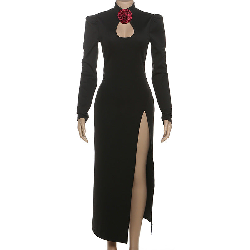 Black Rose High-Slit Maxi Dress with Keyhole Neckline – Fall & Holiday Gala Ready