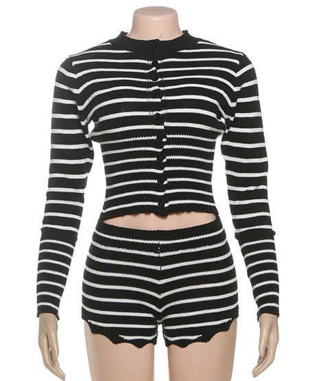 Chic & Cozy: Women's Striped Knit Cardigan Top & Shorts Set - Fall Loungewear