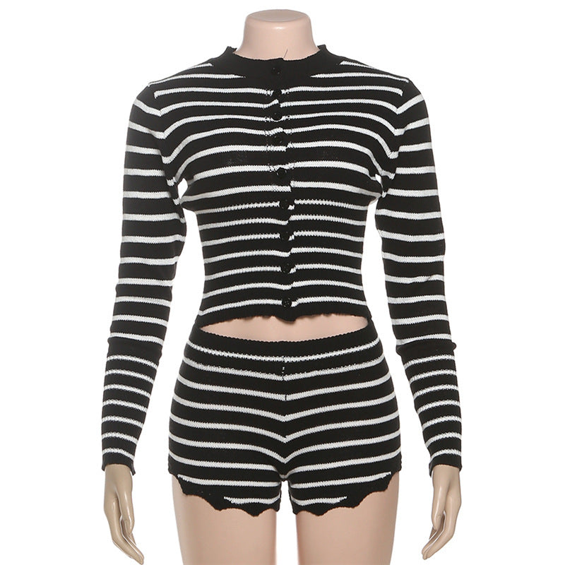 Chic & Cozy: Women's Striped Knit Cardigan Top & Shorts Set - Fall Loungewear