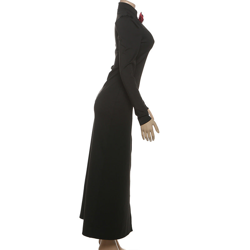 Black Rose High-Slit Maxi Dress with Keyhole Neckline – Fall & Holiday Gala Ready