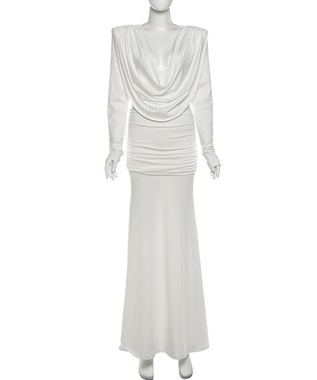 Effortless Glamour: White Cowl Neck Ruched Maxi Dress for Fall & Holiday Events
