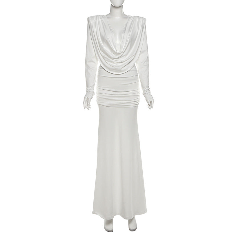 Effortless Glamour: White Cowl Neck Ruched Maxi Dress for Fall & Holiday Events