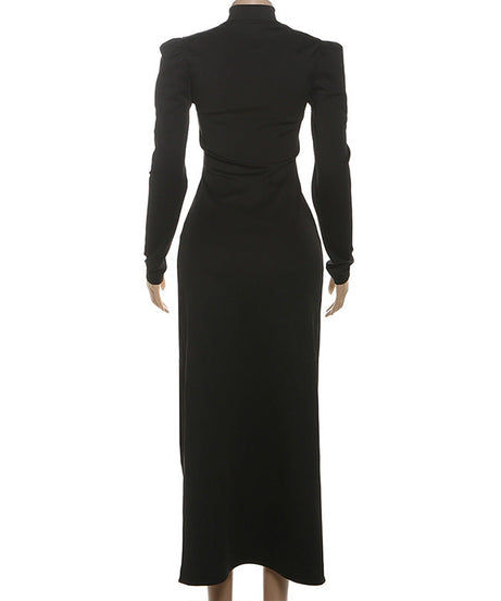 Black Rose High-Slit Maxi Dress with Keyhole Neckline – Fall & Holiday Gala Ready