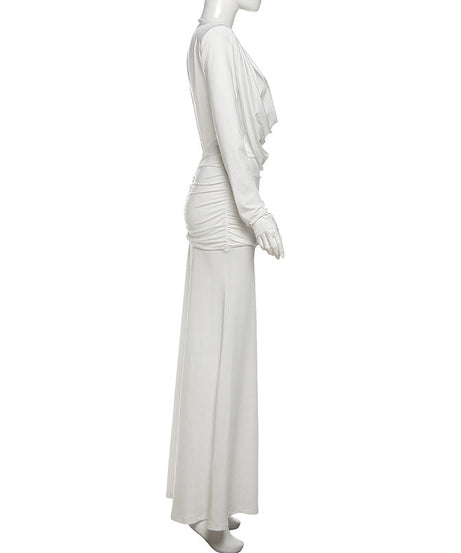 Effortless Glamour: White Cowl Neck Ruched Maxi Dress for Fall & Holiday Events