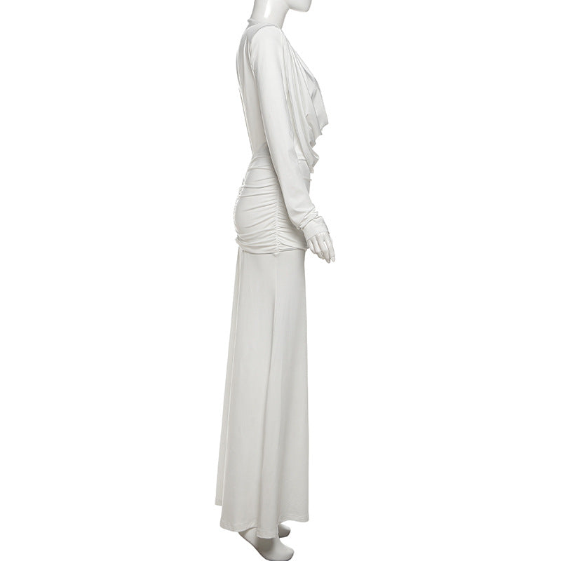 Effortless Glamour: White Cowl Neck Ruched Maxi Dress for Fall & Holiday Events