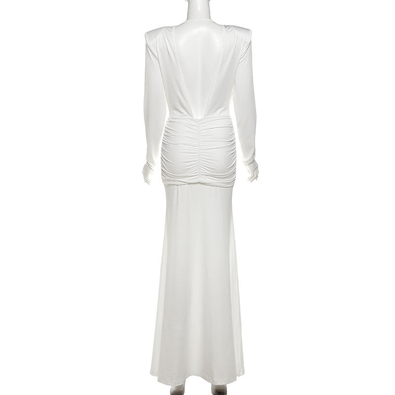 Effortless Glamour: White Cowl Neck Ruched Maxi Dress for Fall & Holiday Events