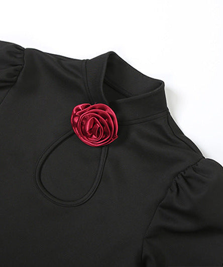 Black Rose High-Slit Maxi Dress with Keyhole Neckline – Fall & Holiday Gala Ready