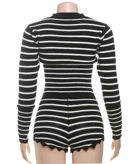 Chic & Cozy: Women's Striped Knit Cardigan Top & Shorts Set - Fall Loungewear